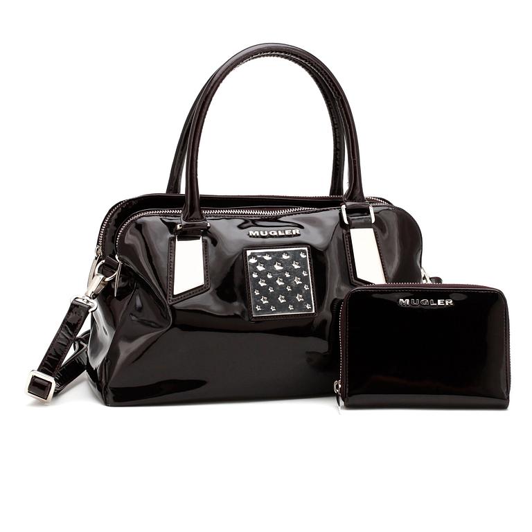 THIERRY MUGLER, a plum colored patent leather shoulder bag and matching wallet.