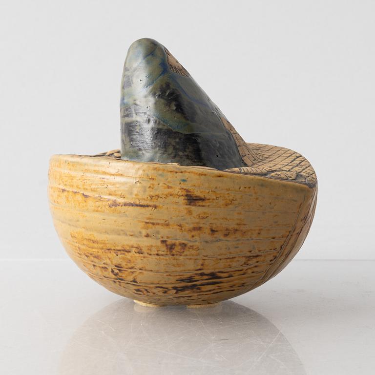 Lisa Larson, a stoneware sculpture, 'Fiskare i båt' (Fisherman in a boat), Gustavsberg.