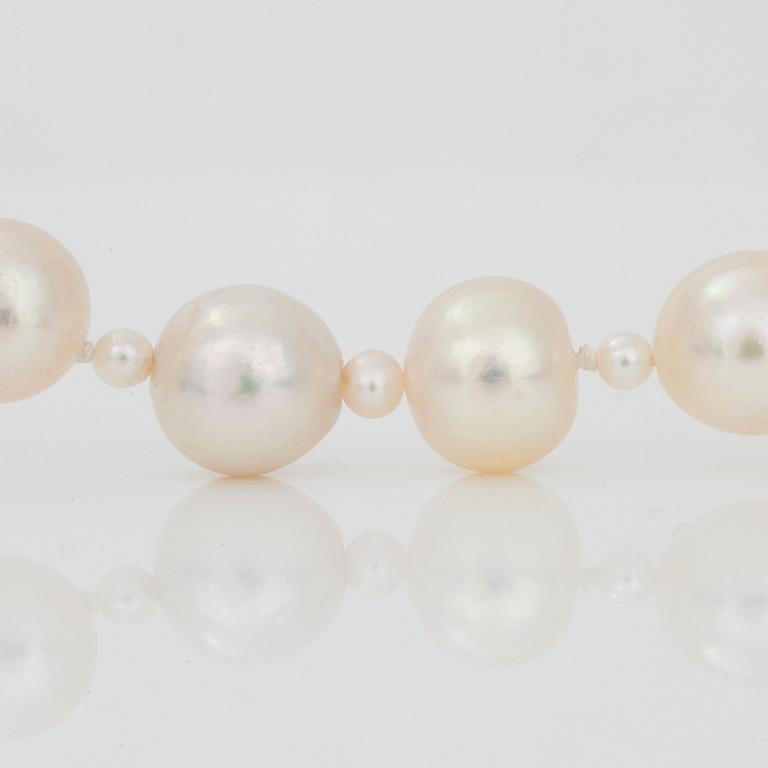 A cultured pearl necklace. Clasp with sapphire and diamonds.