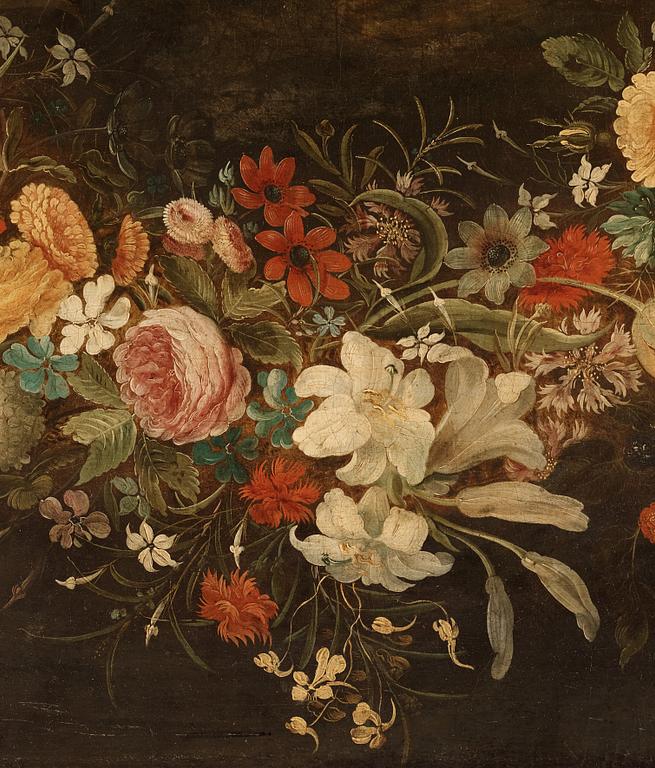 Daniel Seghers & Hendrick van Balen dä Attributed to., Landscape with garland of flowers and St John The Baptist.