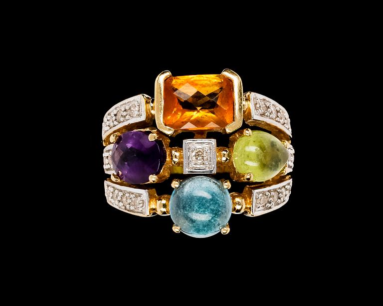 RING, citrine, amethyst, aquamarine and brilliant cut diamonds, tot. app 0,40 ct.