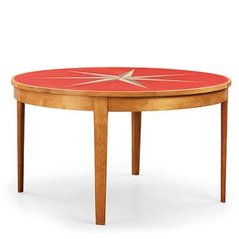 Hyresgästernas Möbelaffär (HSB), a linoleum decorated top Swedish Modern birch dining table, Stockholm 1936.