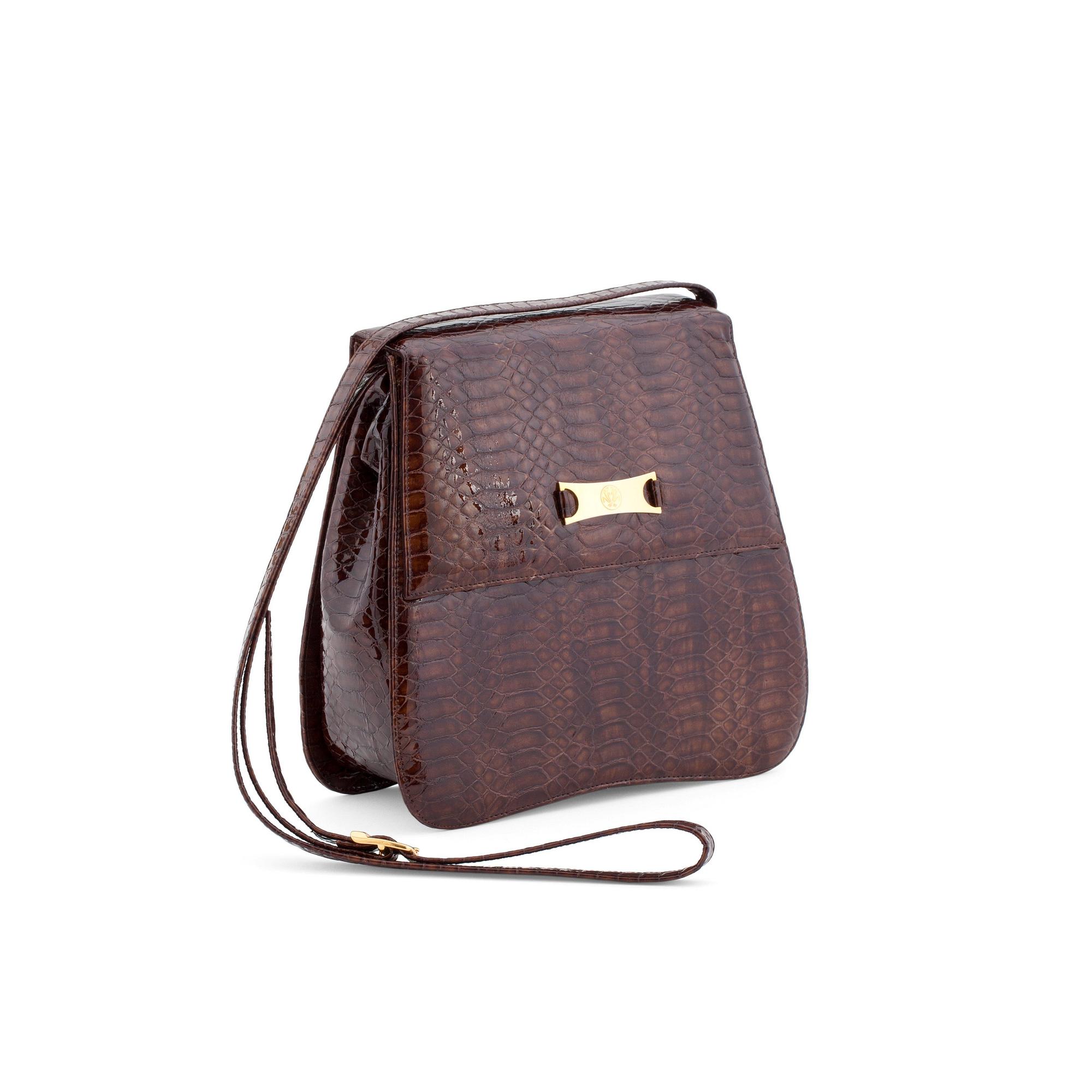 SANDRO VICARI, a brown snakeskin shoulder bag.