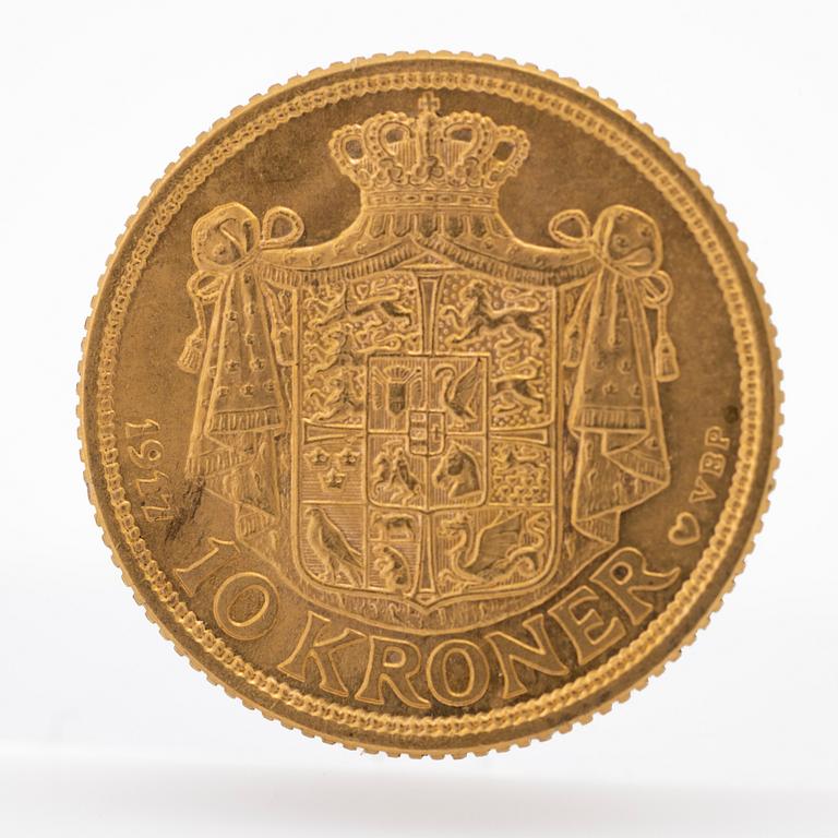Gold coin Denmark, Frederik VIII 10 kroner, 1917.