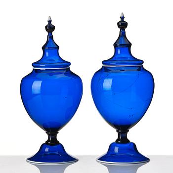 A pair of Swedish blue glass jars with covers, Gothenburg, 18th Century.