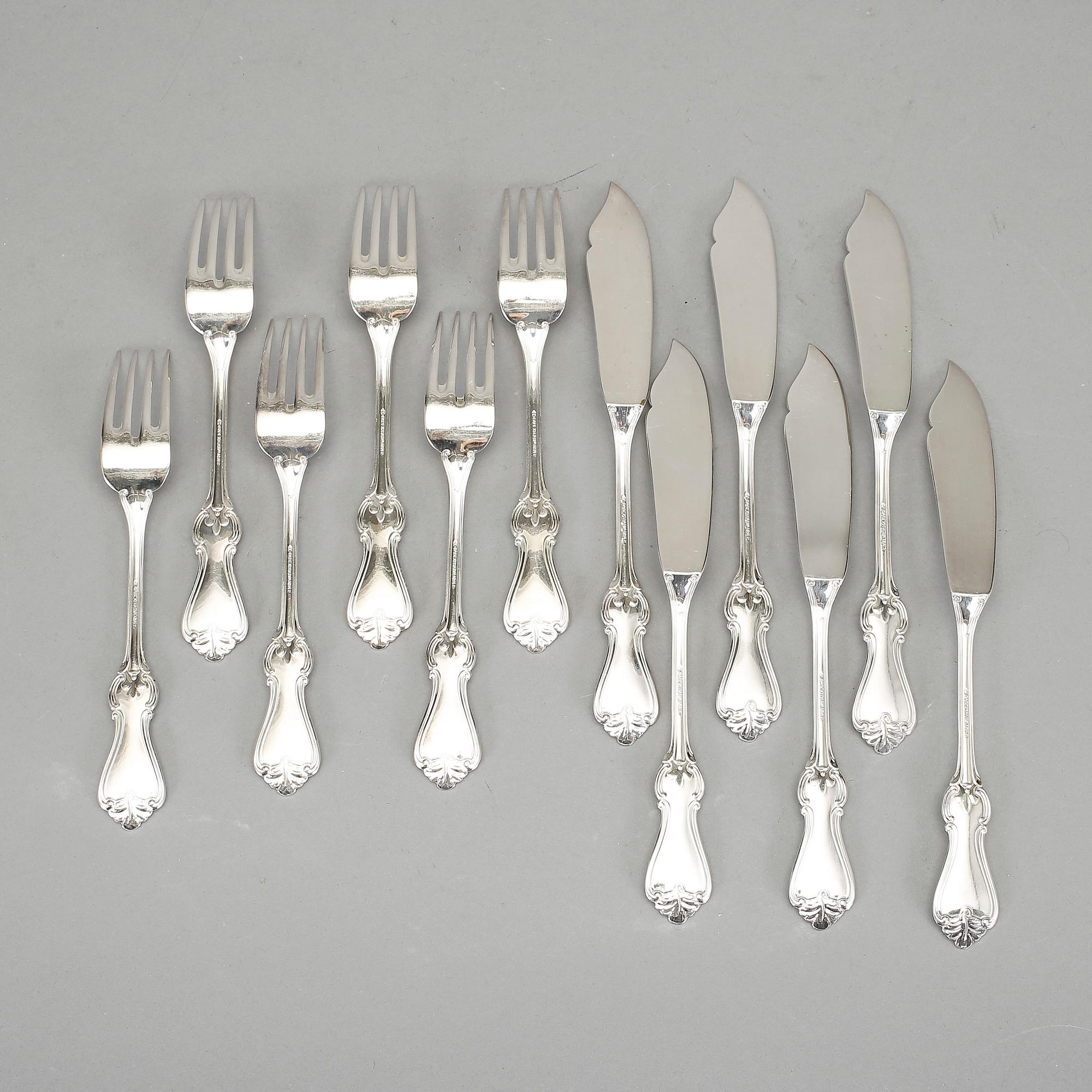 FISKBESTICK, 12 delar, nysilver, Olga, GAB, 1900-tal.