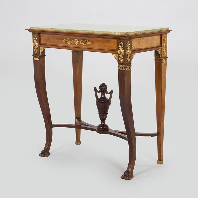 A mahogany console table with green stone top, C.E. Jonsson Möbelfabrik in Stockholm, early 20th century.
