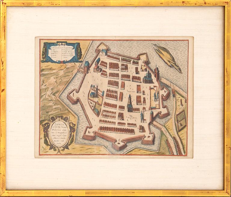 Georg Braun & Franz Hogenberg, Zamosc Poland, hand colored engravings, Cologne 1617.