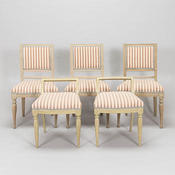 A set of three late gustavien chairs and a pair of stools, around 1800.