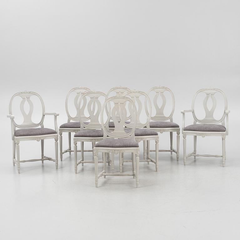 A suite of 6 Gustavian style chairs and 2 armchairs, later part 20th century.