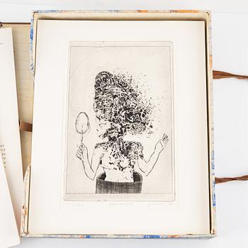 Franco Leidi, box with 35 copper plates/dry points, 1968-75.