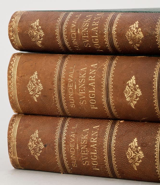 BOKVERK, 3 vol, "Svenska Foglarna" av Carl Jacob Sundevall och JGH Kinberg, Stockholm 1856-85.