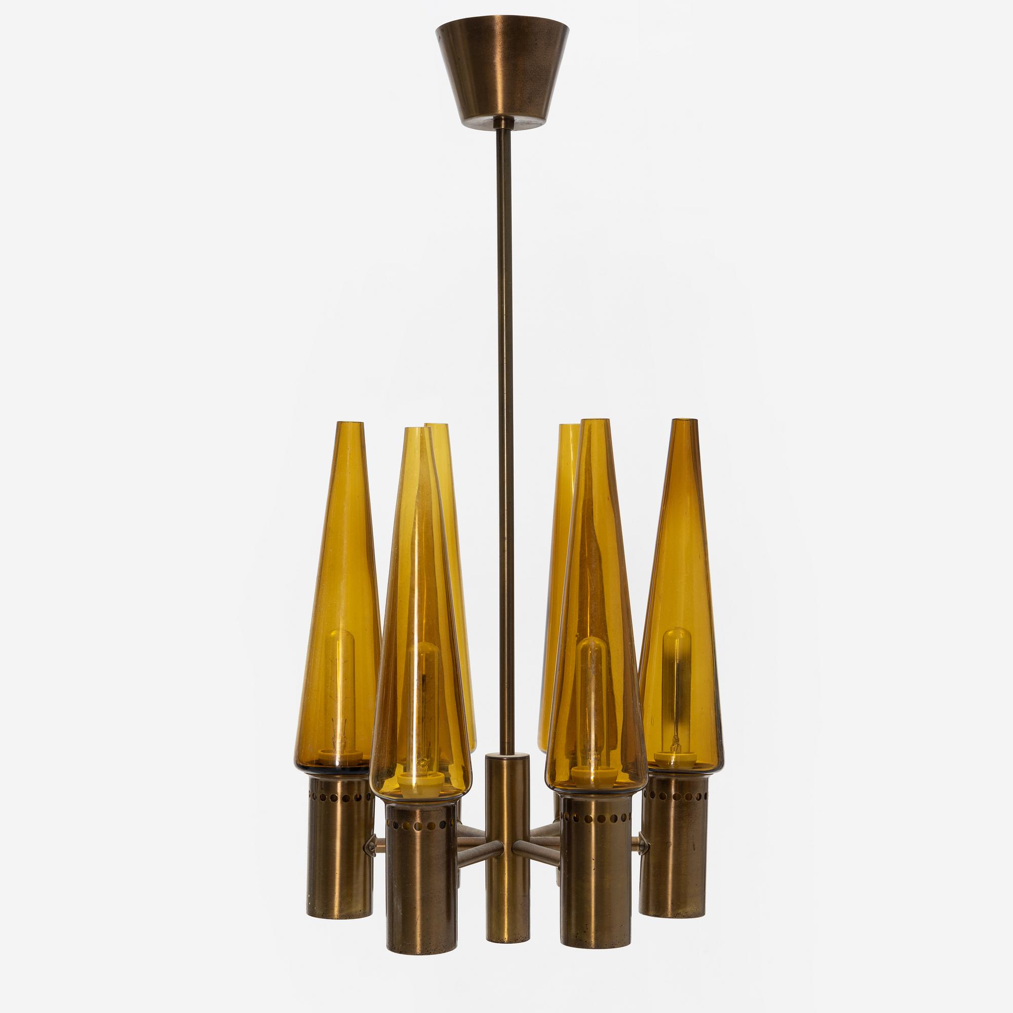 Hans-Agne Jakobsson, A brass and glass ceiling lamp, second half of the 20th Centry.