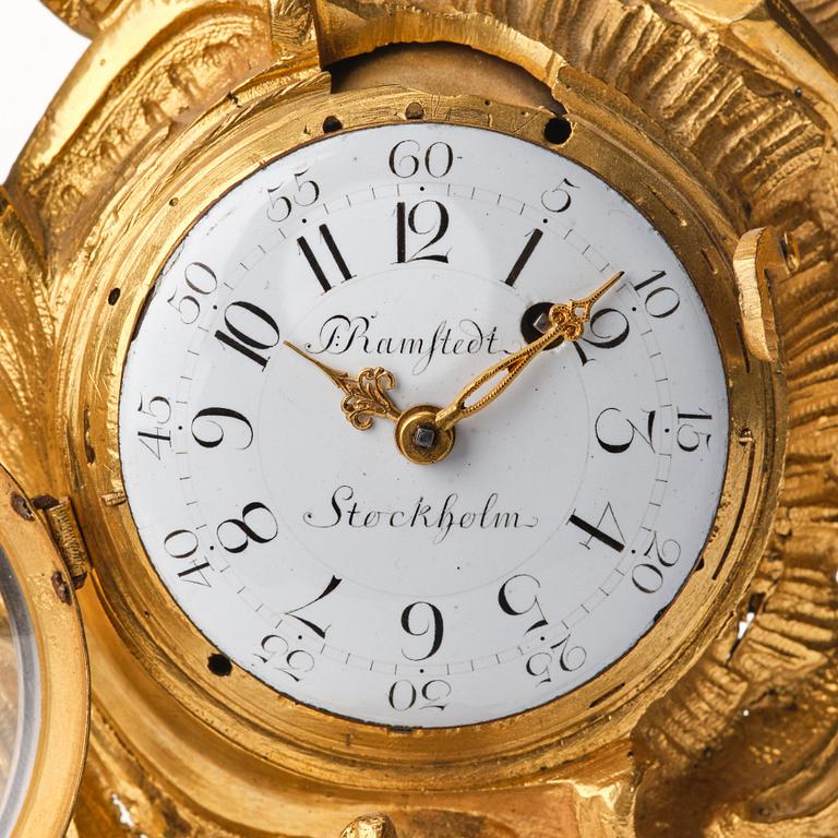 A Swedish Rococo 18th Century miniature wall clock by P Ramstedt Stockholm.