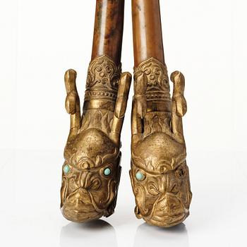 A pair of  Buddhist Ritual Tibetan ceremonial dragon horns/trumpets, 19th century.