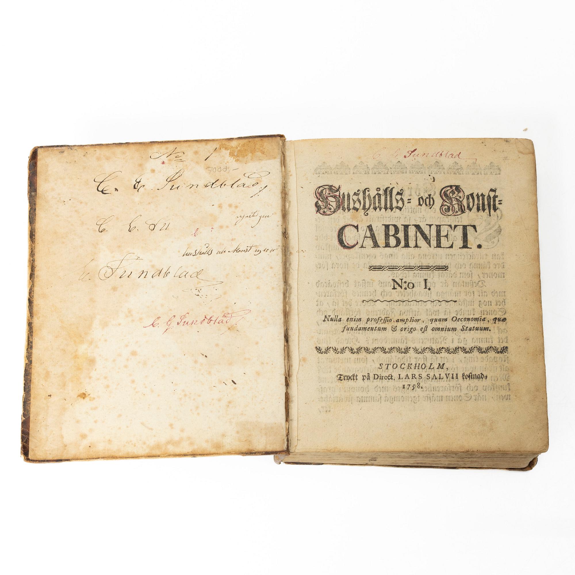 Åtta kok- och handböcker inkl. Cajsa Warg, 1780-1897.
