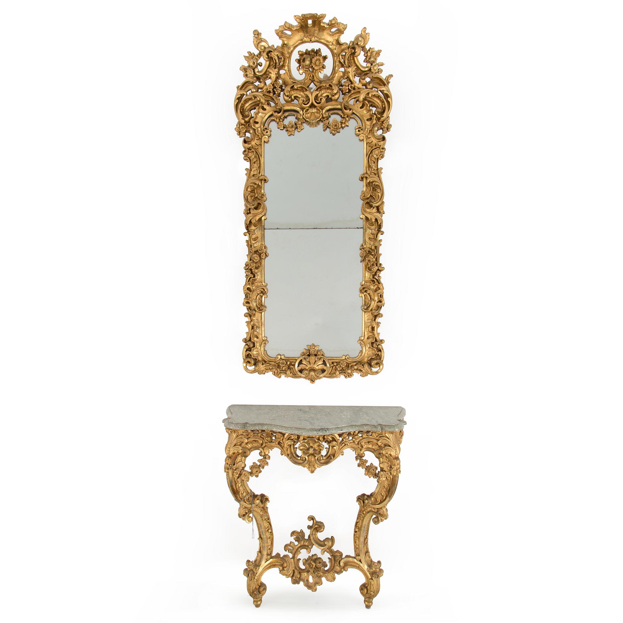 A late 19th century rococo style mirror abd console table.