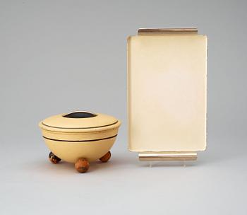 A Marianne Brandt enameled metal tray and a lidded bowl, Ruppelwerk Metallwarenfabrik, Gotha, Germany circa 1932.
