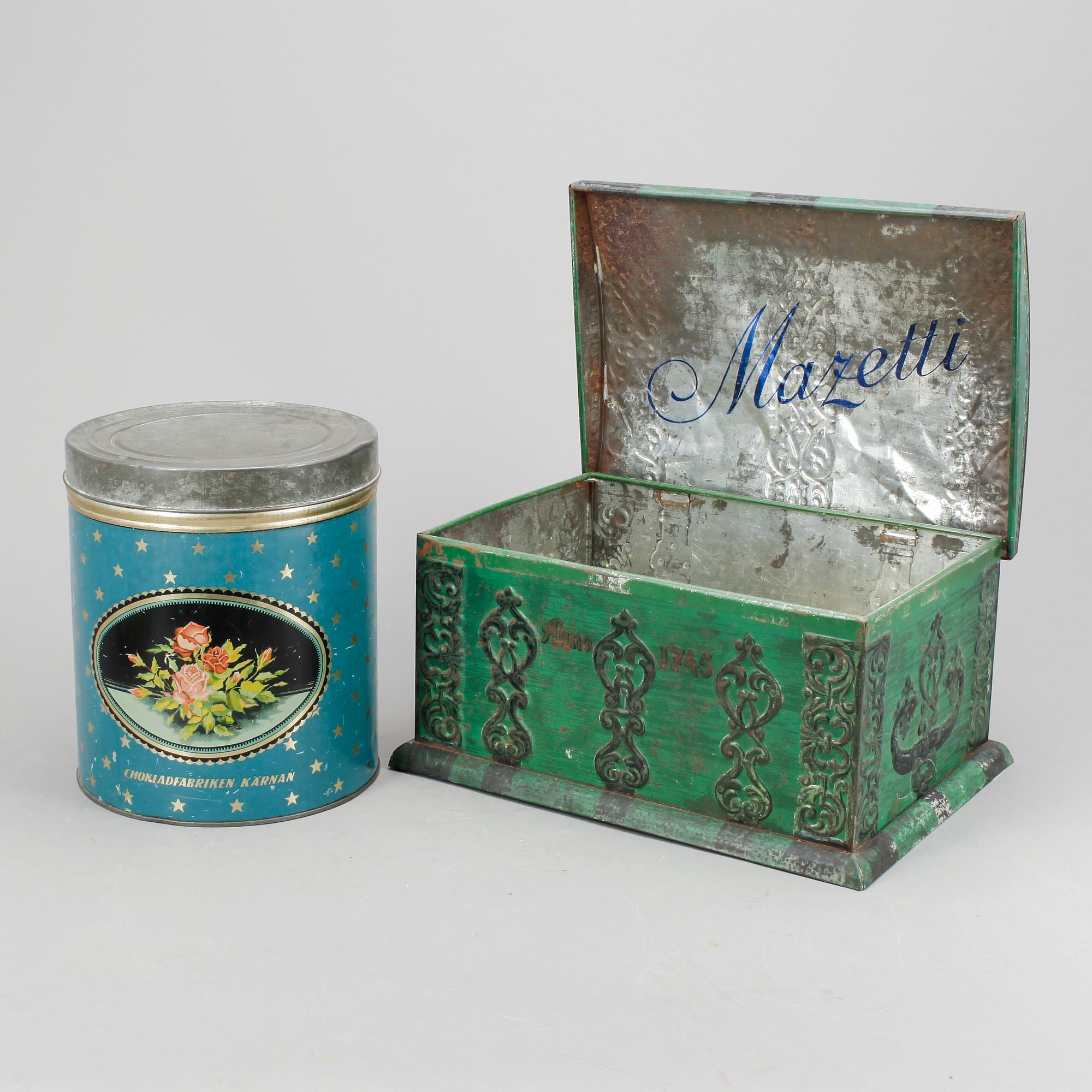 PLÅTBURKAR, 2 st, "Mazetti" & "Chokladfabriken Kärnan", 1900-talets mitt.