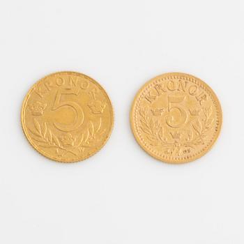 Two Swedish gold coins, 5 kronor, 1894 And 1920.