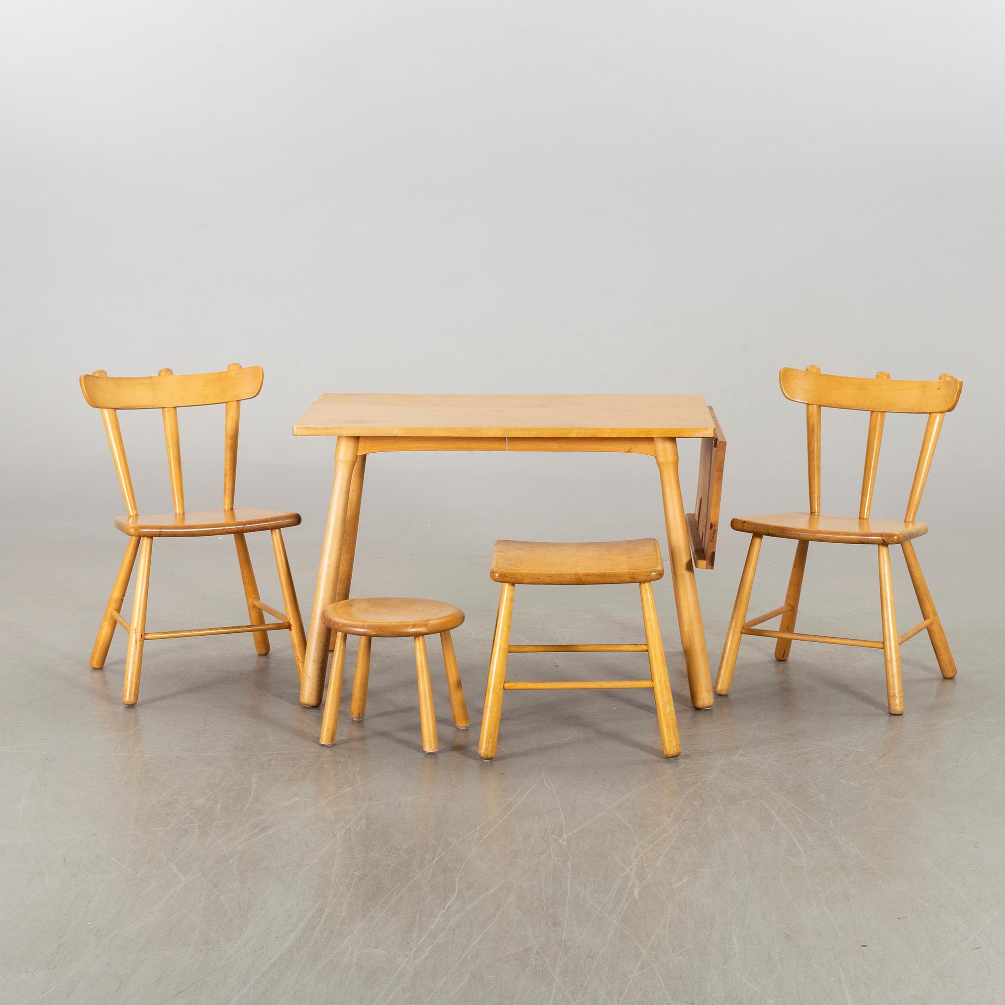 A SET OF TABLE, CHAIRS AND STOOLS, mid/second half of 20th century.