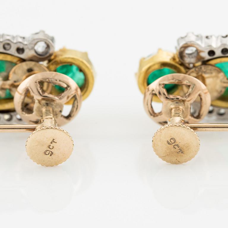 Earrings 9K gold with cabochon-cut emeralds and old-cut diamonds.