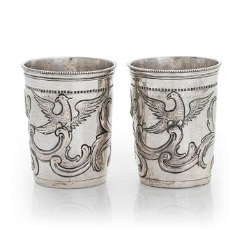 A pair of late 18th-century silver beakers, unknown maker's mark, alderman Alexei Kosirev, Moscow 1791.