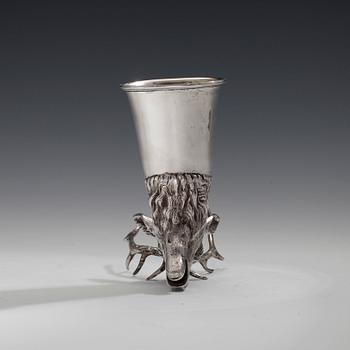 A DRINKING CUP,silver Germany late 1800 s.  Dears head. Gilt inside. Height 14,5 cm. Weight 311 g.