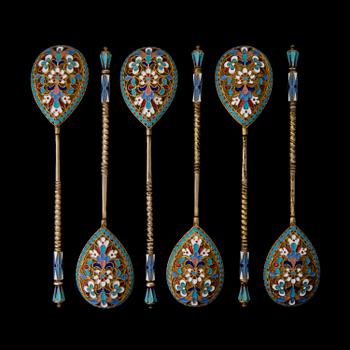 SIX RUSSIAN ENAMEL SPOONS, silver and enamel, Moscow 1896-1907, Nikolai Aleksev.