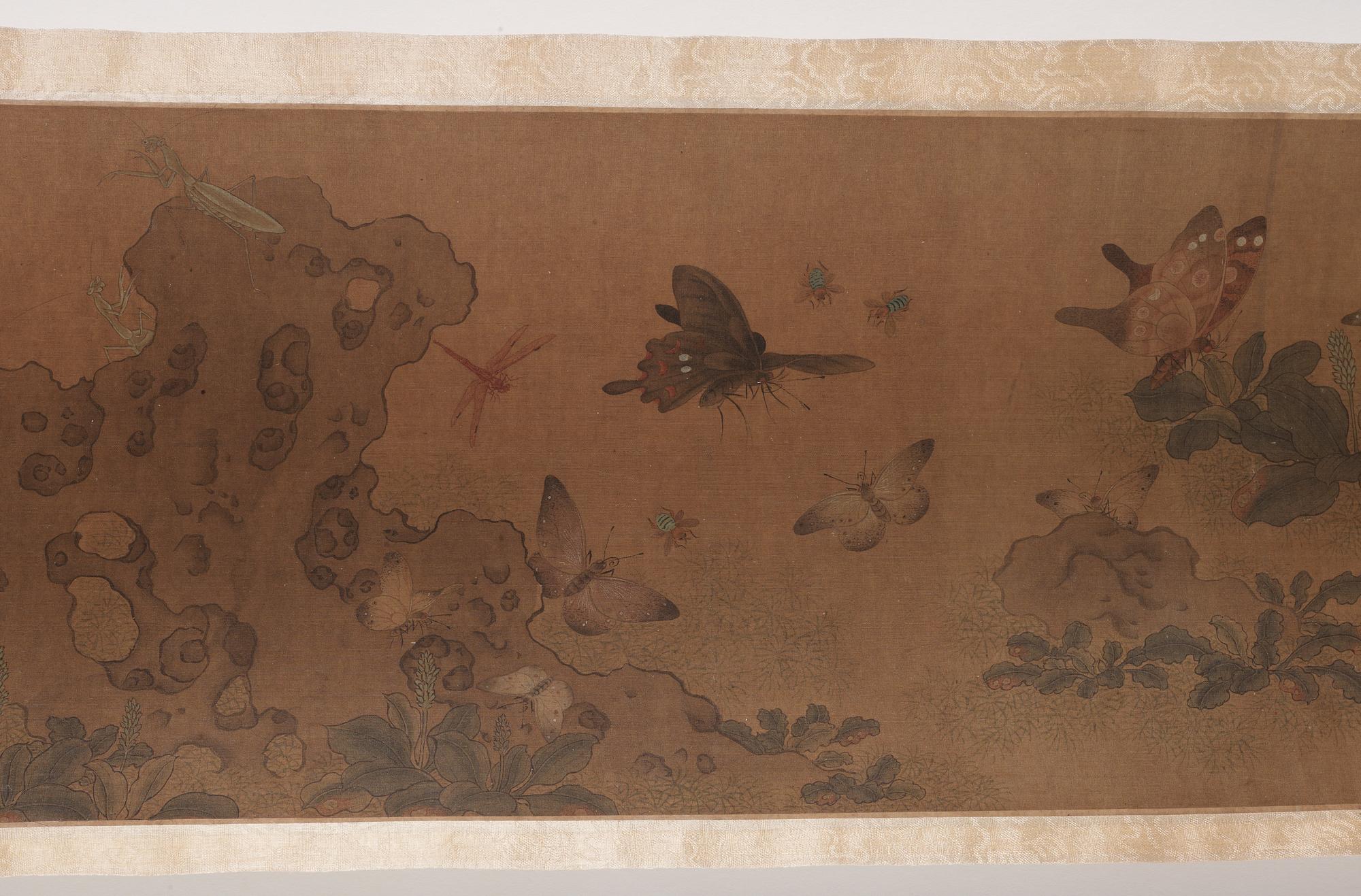 RULLMÅLNING, landskap med fjärilar och insekter i Qian Xuans (1235-1305) efterföljd, Qing dynastin 1800-tal.