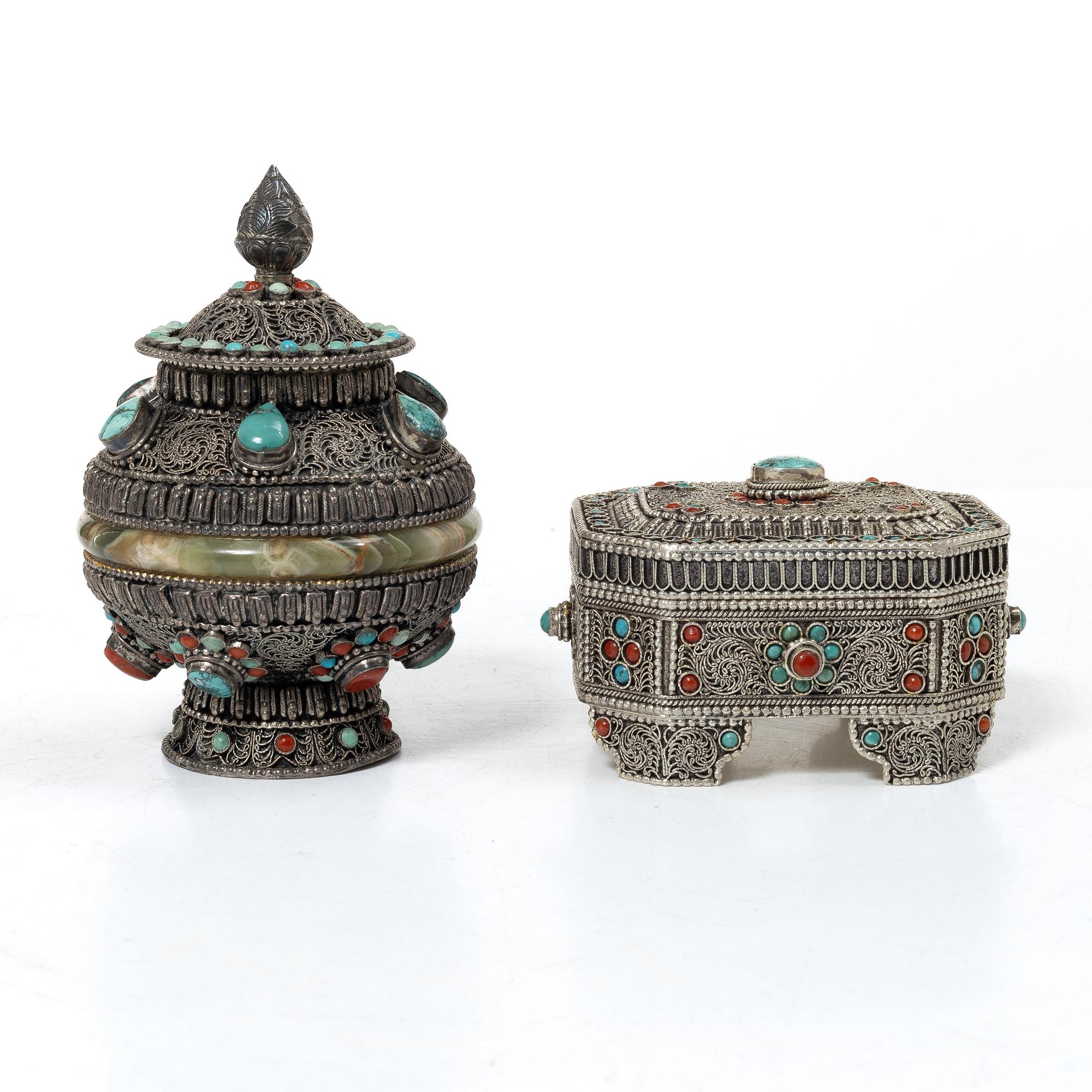 A group of five silver boxes with covers, South East Asia, 20th century.
