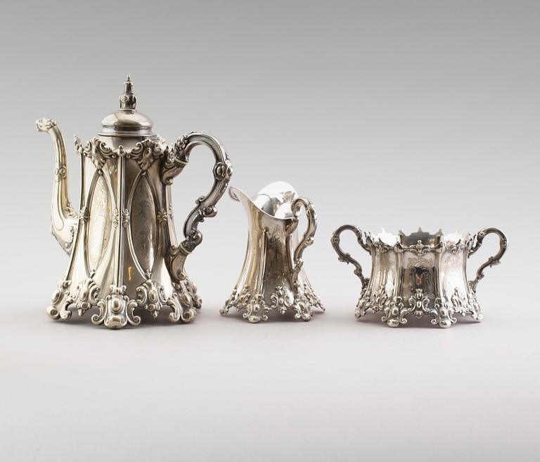 KAFFESERVIS, 3 delar, nysilver, CG Hallberg, omkring år 1900.