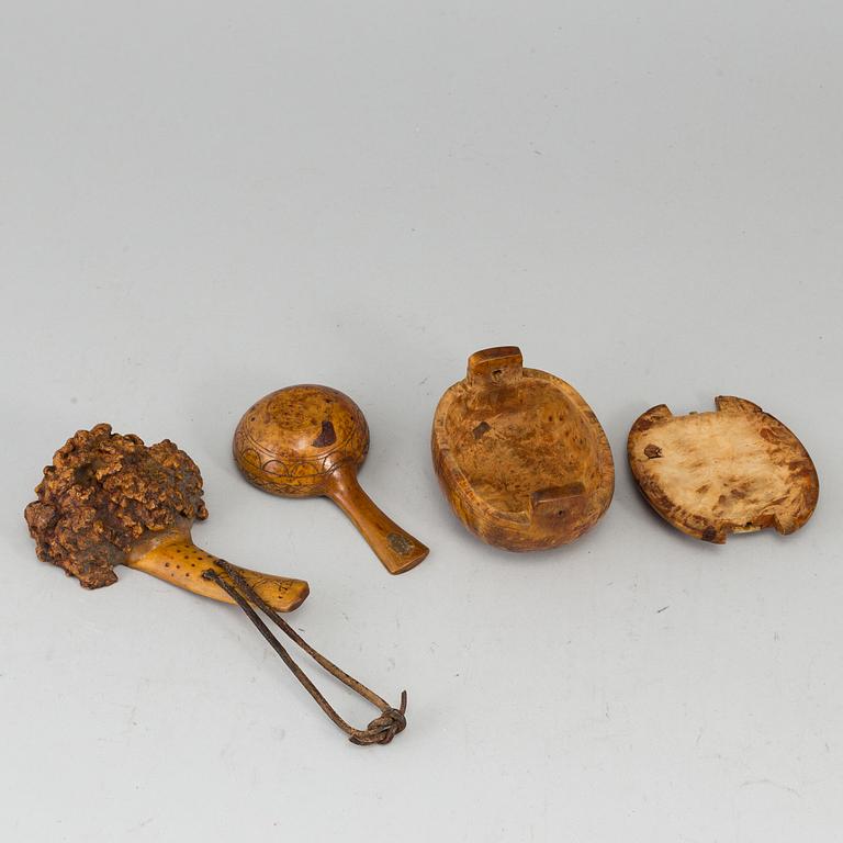 Three Sami burr birch items, one dated 1937.