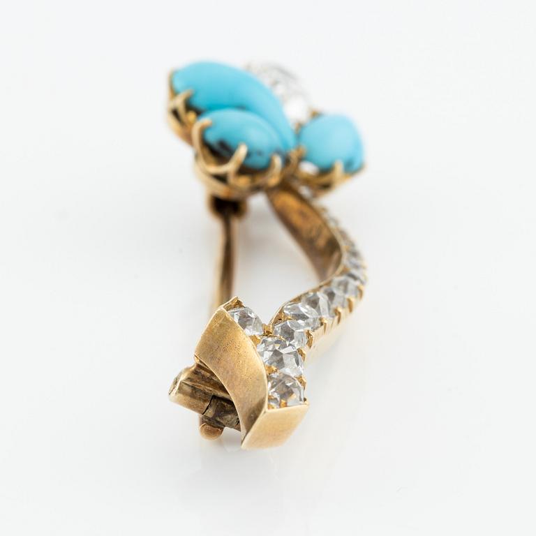 A gold brooch with turquoise and old-cut diamonds, C.E. Bolin, St  Petersburg 1860-1875, workmaster Robert Schwan.