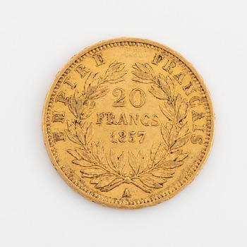 A French gold coin, 20 Francs, Naloelon III, 1857.