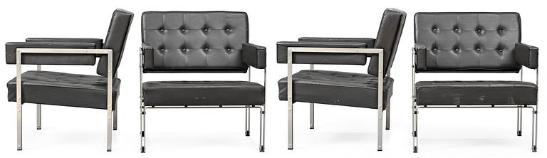 Four steel framed easy chairs with dark brown leather, possibly, Antti Nurmisniemi, Finland, 1960's.