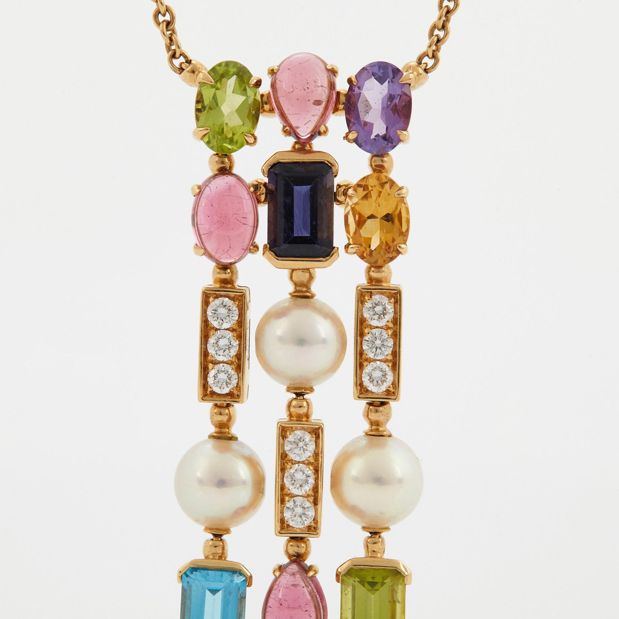 A Bulgari necklace "Allegra" in 18K gold set with coloured stones, cultured pearls and diamonds.