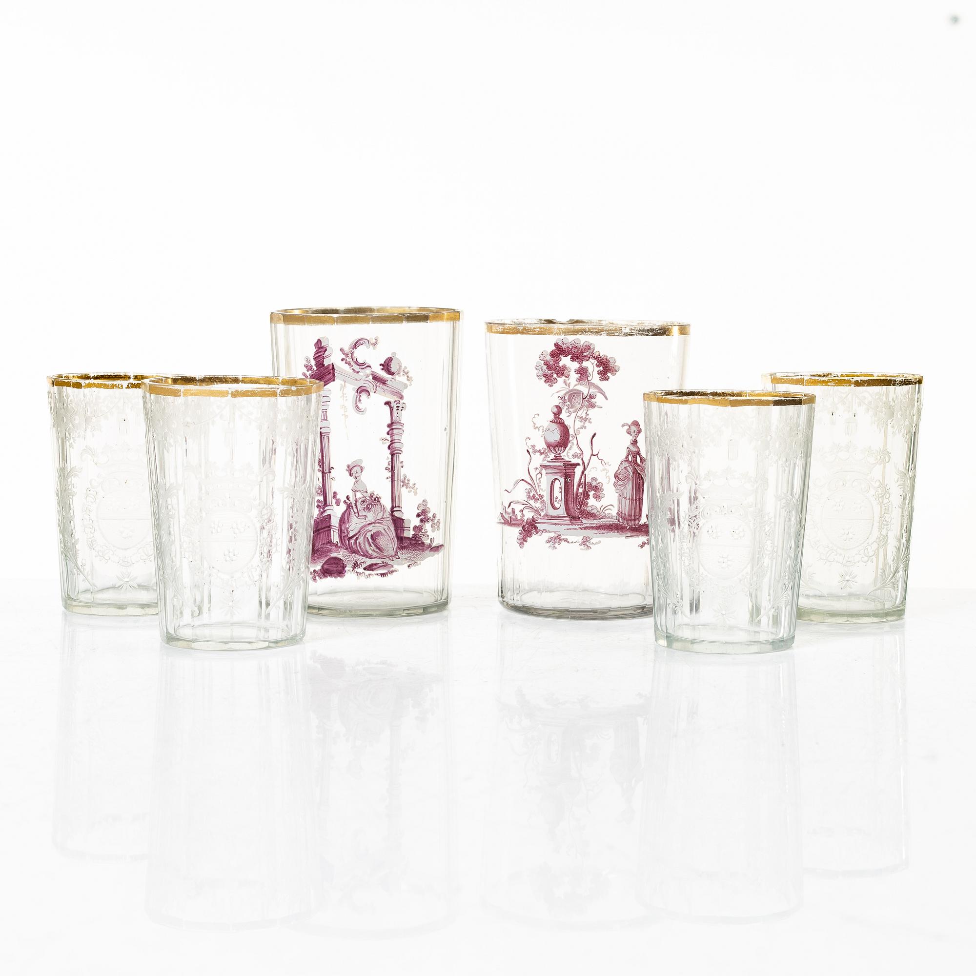 Six historical style glasses, around te year 1900.