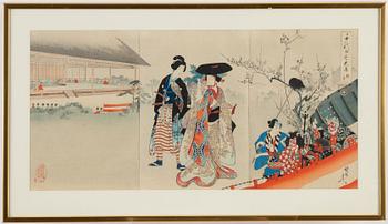 Toyohara Chikanobu, a coloured woodblock triptych, Japan, late 19th/early 20th century.