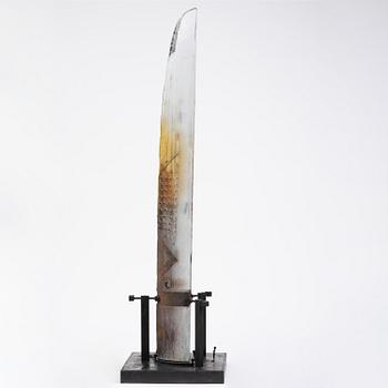 Bertil Vallien, a sand cast glass sculpture of a standing half-boat, Kosta Boda, Sweden.