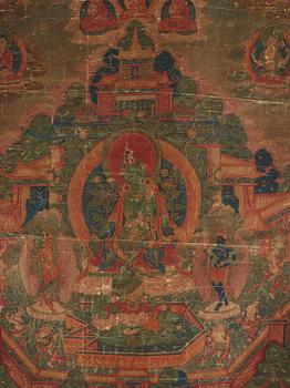 Thangka, grön Tara, tusch och färg på duk. Tibet, 1800-tal.