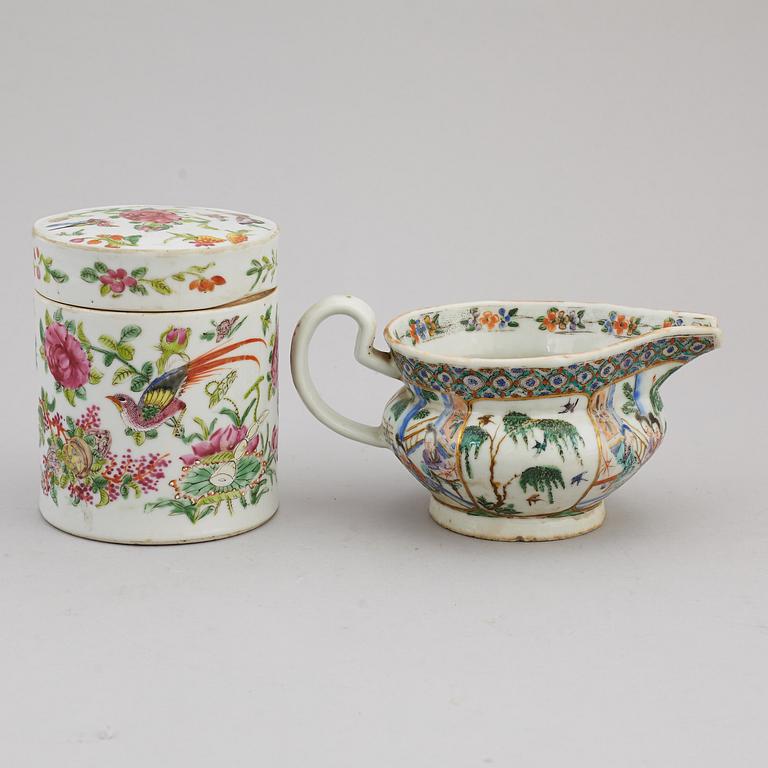 A group of three famille rose dish, jug and jar with cover, Qing dynasty, late 19th century.