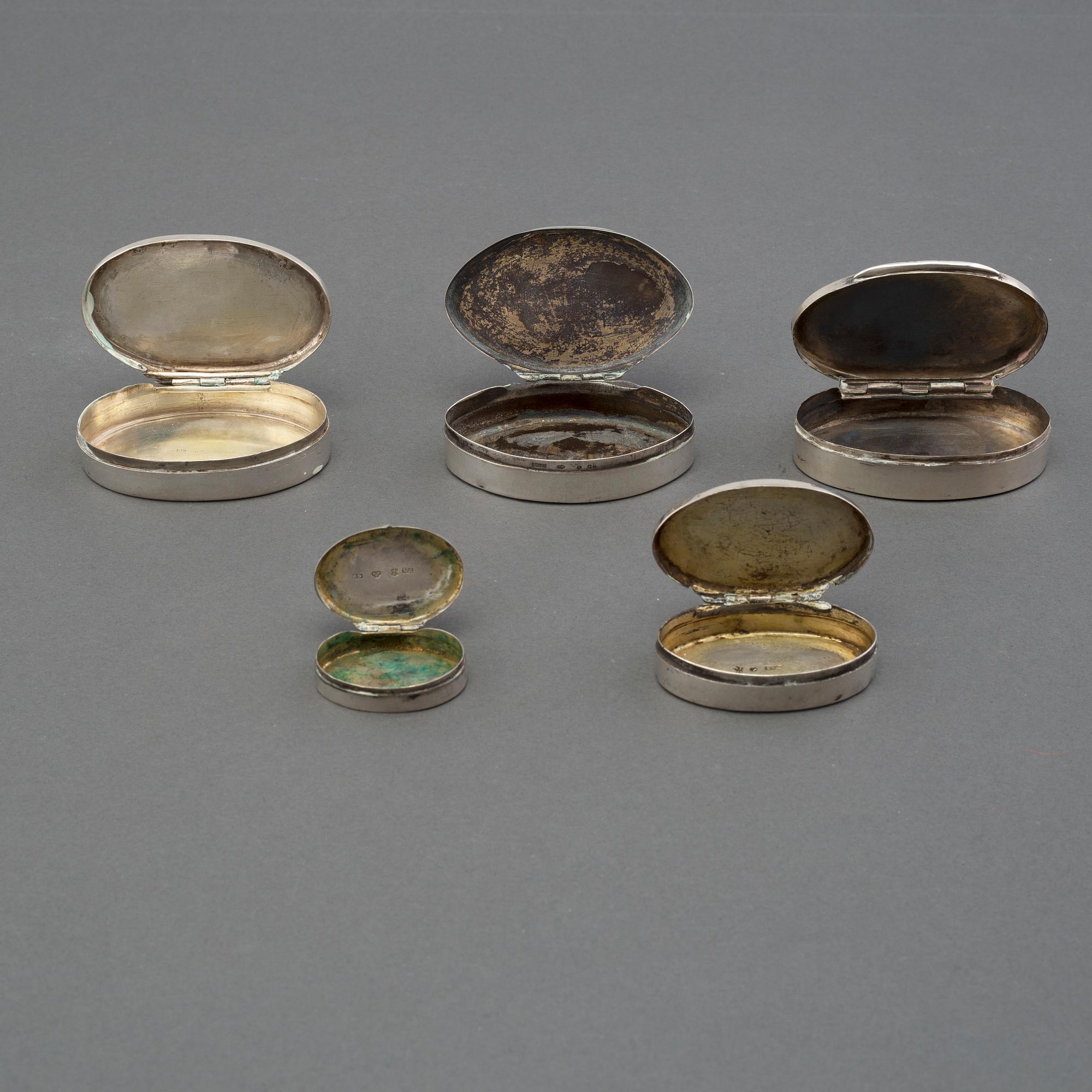 A set of five swedish silver boxes, mid 19th century.