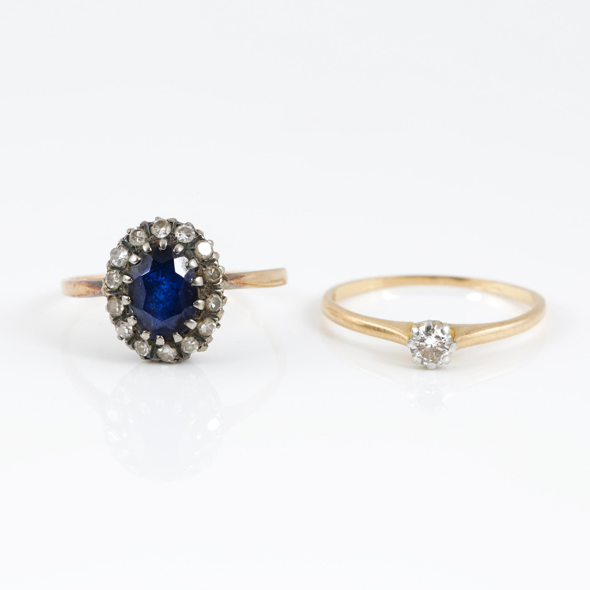 RINGAR, 2 st, guld 18K, diamanter och safir resp diamant på ca 0,1 ct. Vikt tot ca 4 gram.
