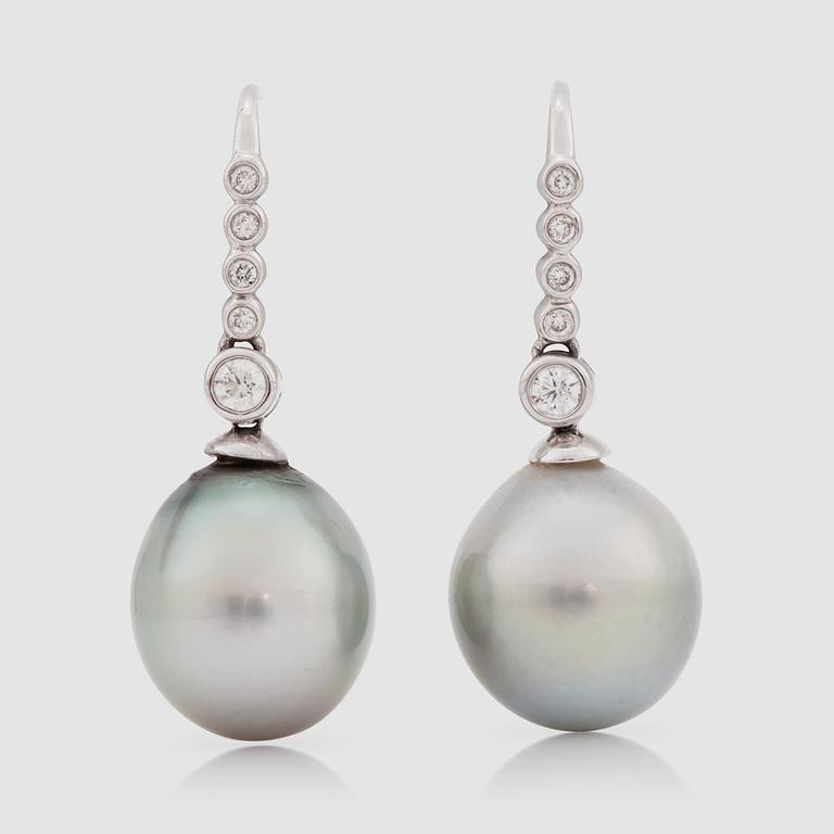 A pait of light gray cultured Tahitian pearls and brilliant-cut diamonds total carat weight circa 0.43 ct.