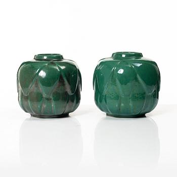 Two similar green glazed vases, first part of the 20th century.