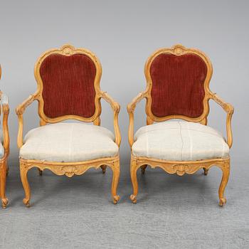 KARMSTOLAR fyra stycken. 1700-tal, Rokoko.