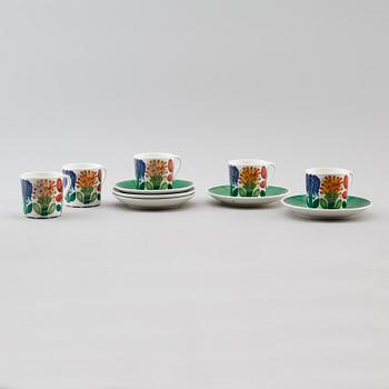 KAFFEKOPPAR MED FAT, 5 st, porslin, "Tahiti", Stig Lindberg, Gustavsberg.