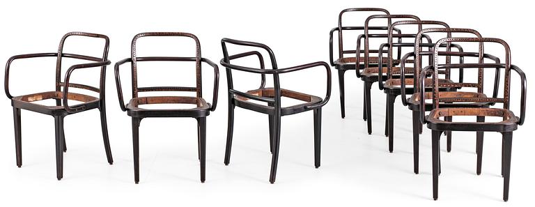 A set of eight dark stained bent wood chairs attributed to either Josef Frank or Josef Hoffmann, circa 1935, label Thonet.