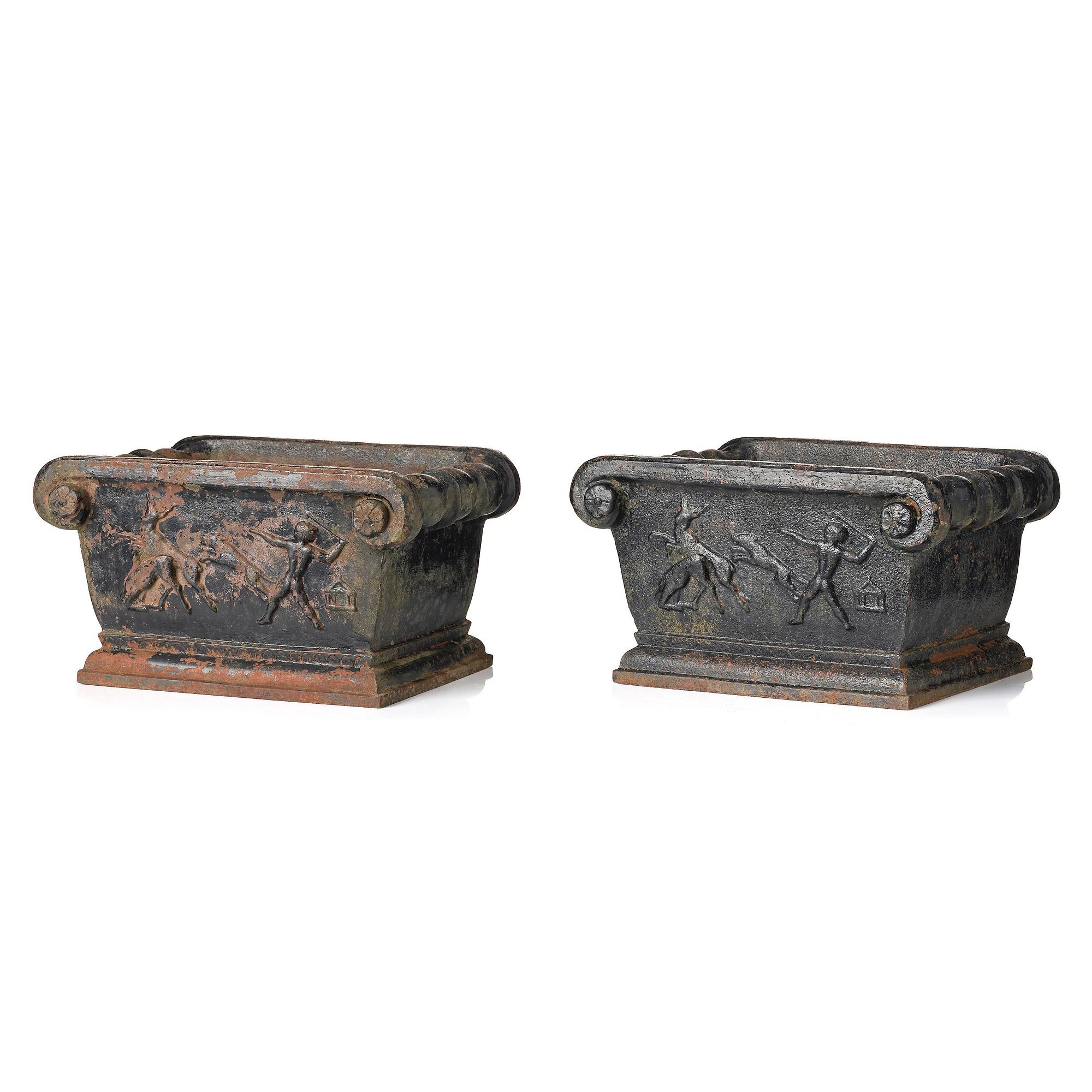 Sten Ericson, a pair of "Jakturnan" cast iron garden urns, Näfveqvarns bruk, Sweden.